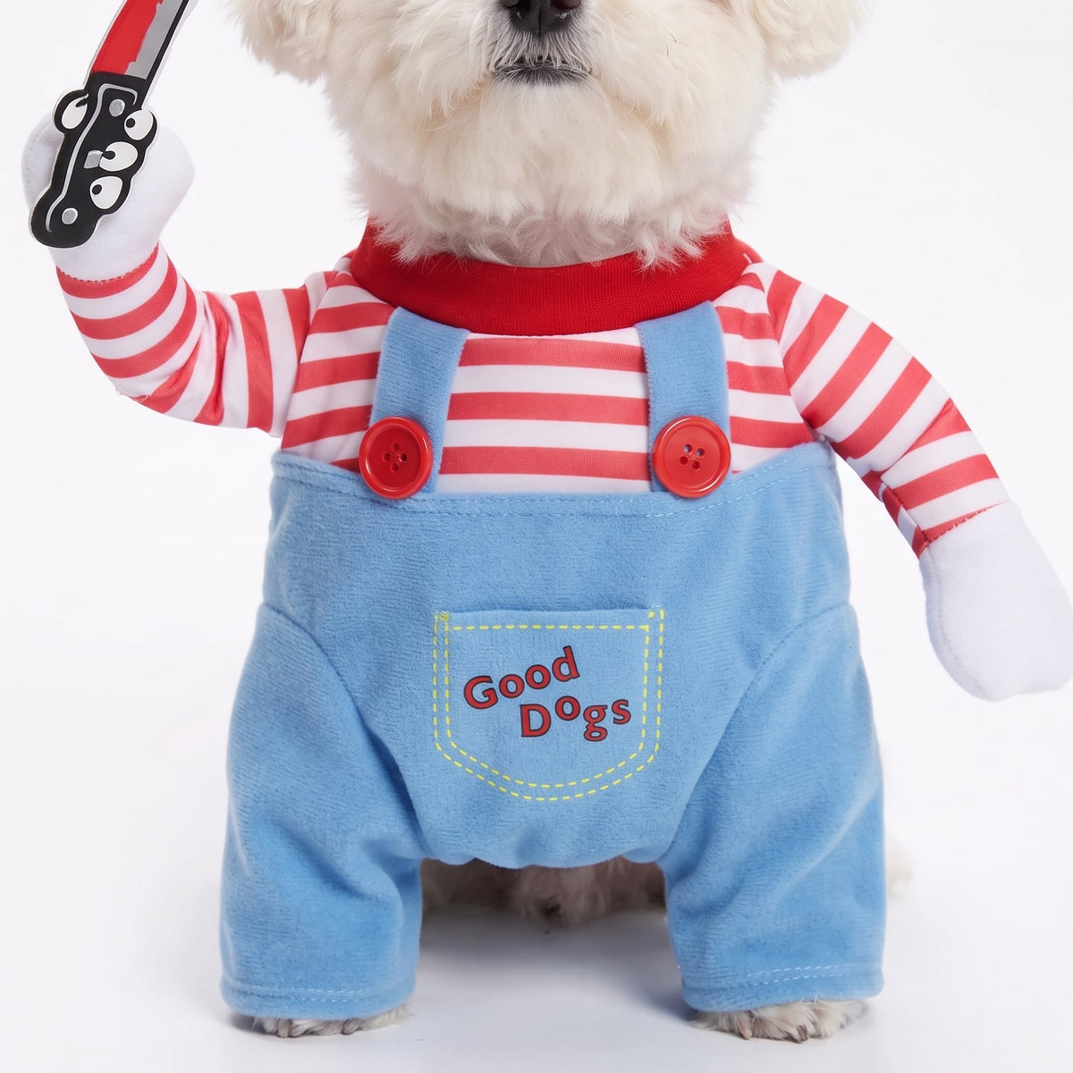 Close-up of the Good Dogs pocket and red buttons