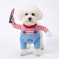 Small white dog wearing the Good Dogs killer doll costume, front view