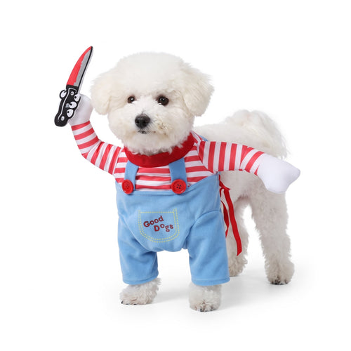 Three-quarter view of the Good Dogs costume on a small white dog