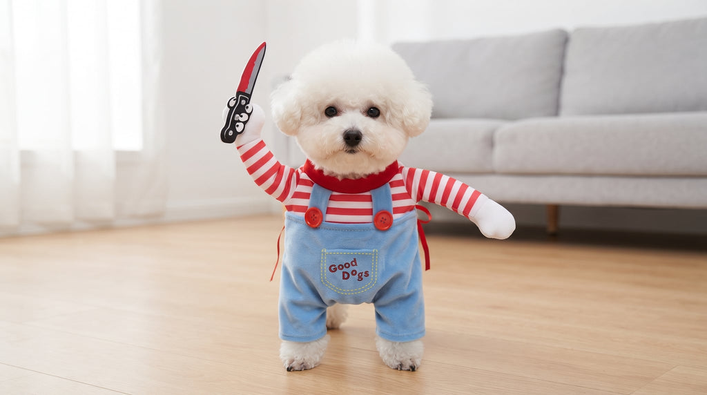 Dog in the Good Dogs costume in a living room