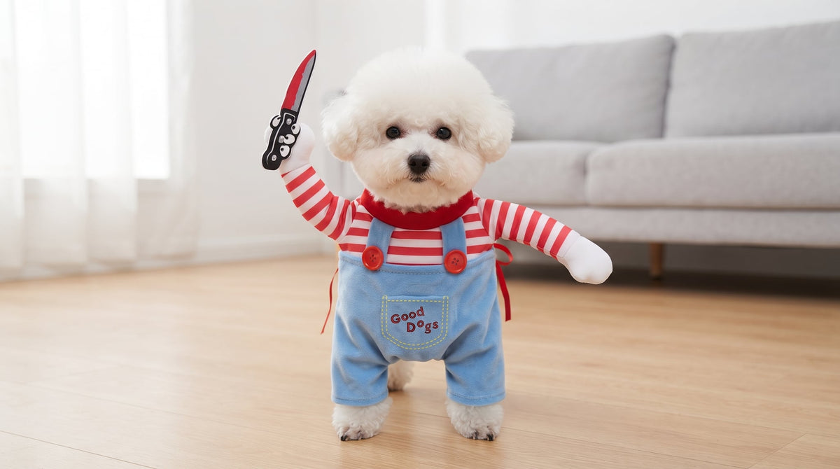 Dog in the Good Dogs costume in a living room